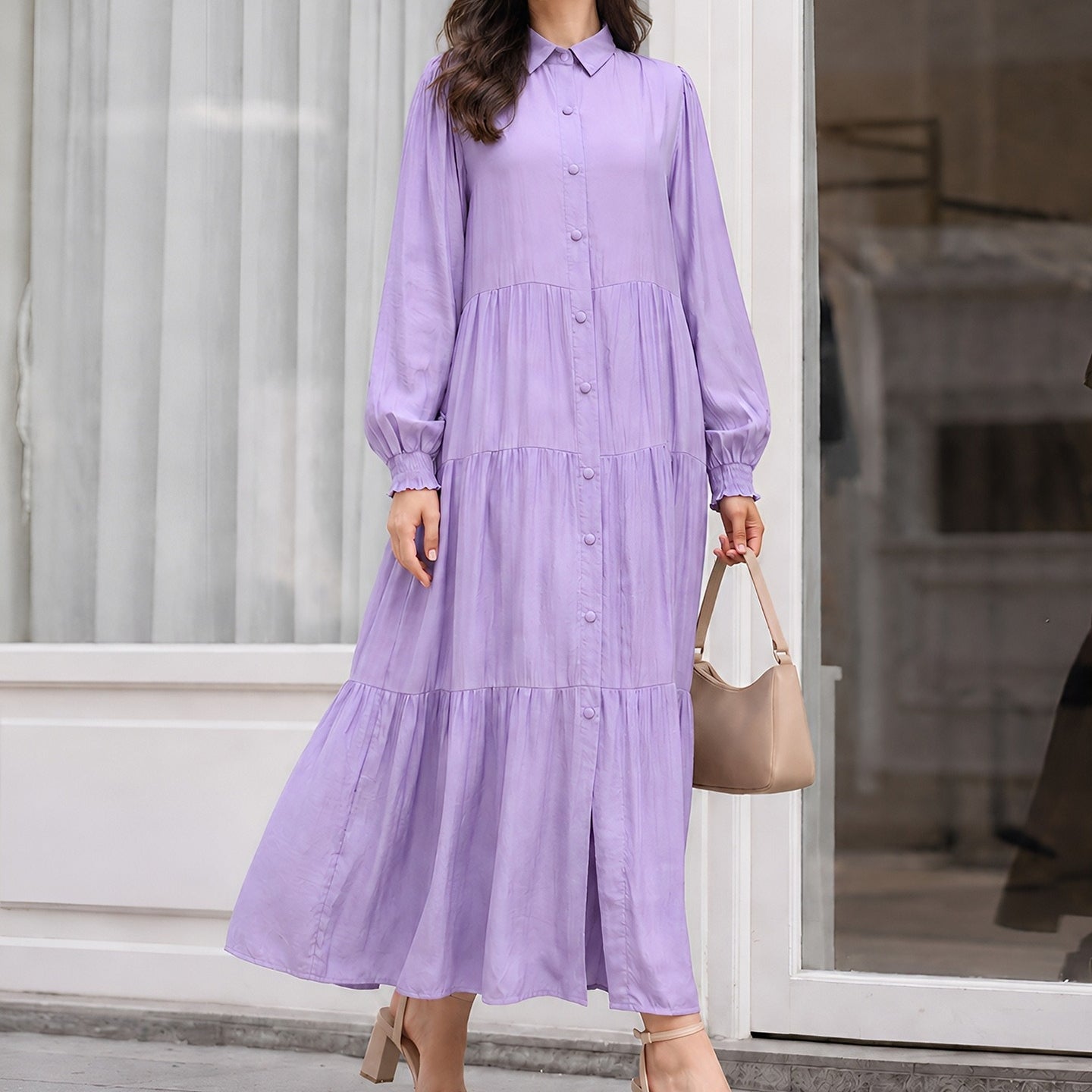 Shirt Collar Button-Down Tiered Maxi Dress(MA465)