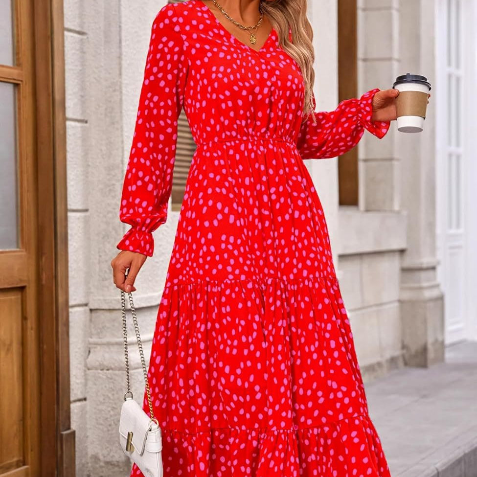 Floral Print V-Neck Midi Dress | Long Sleeve Elastic Waist Dress(MS271)