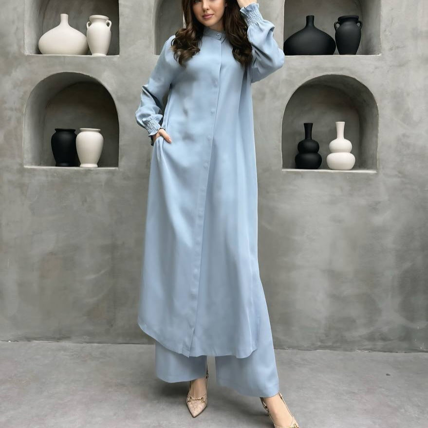 2-Piece Mandarin Collar Longline Shirt & Wide Leg Pants Set(MS418)