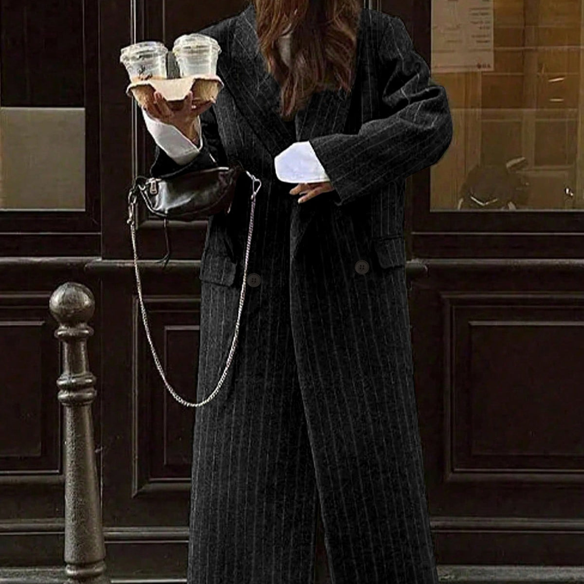 Oversized Pinstripe Maxi Coat(MS550)