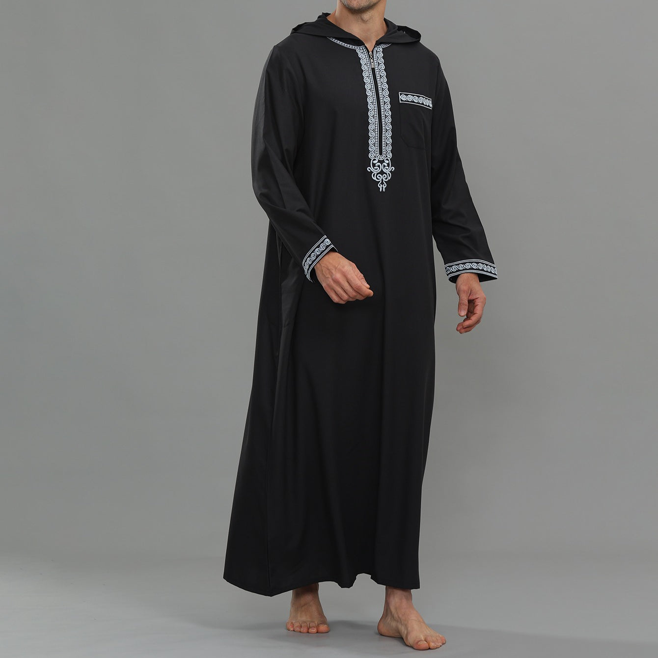 Men's Hooded Embroidered Thobe with Pockets(MT037)