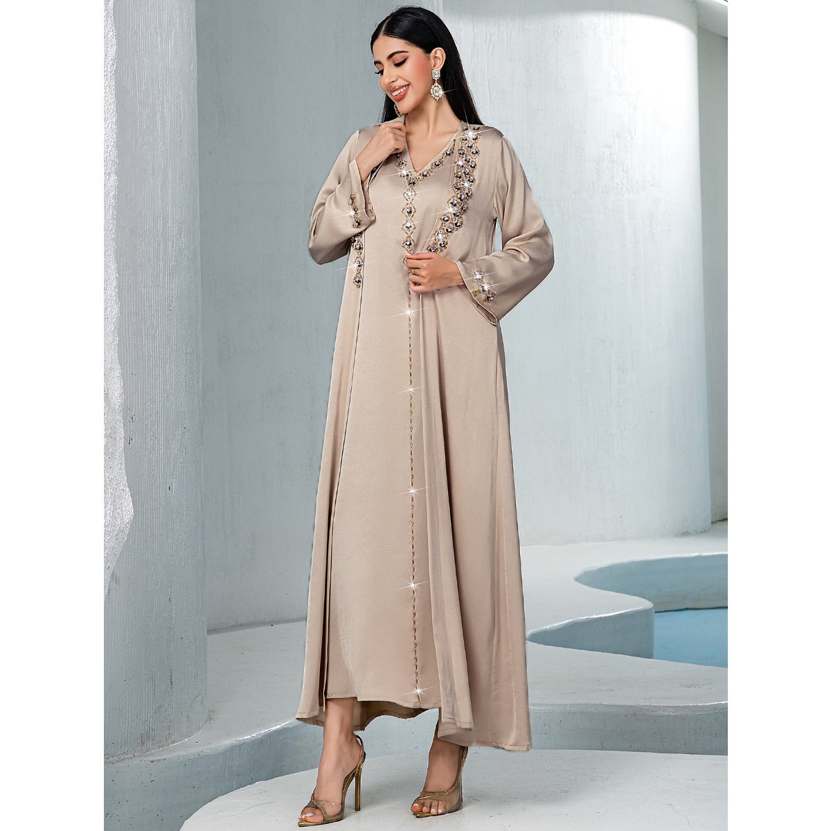 Luxury Muslim Kaftan Set Evening Wear | Beige Hand-Sewn Diamond Two-Piece Dress with Bell Sleeves(MOA202)
