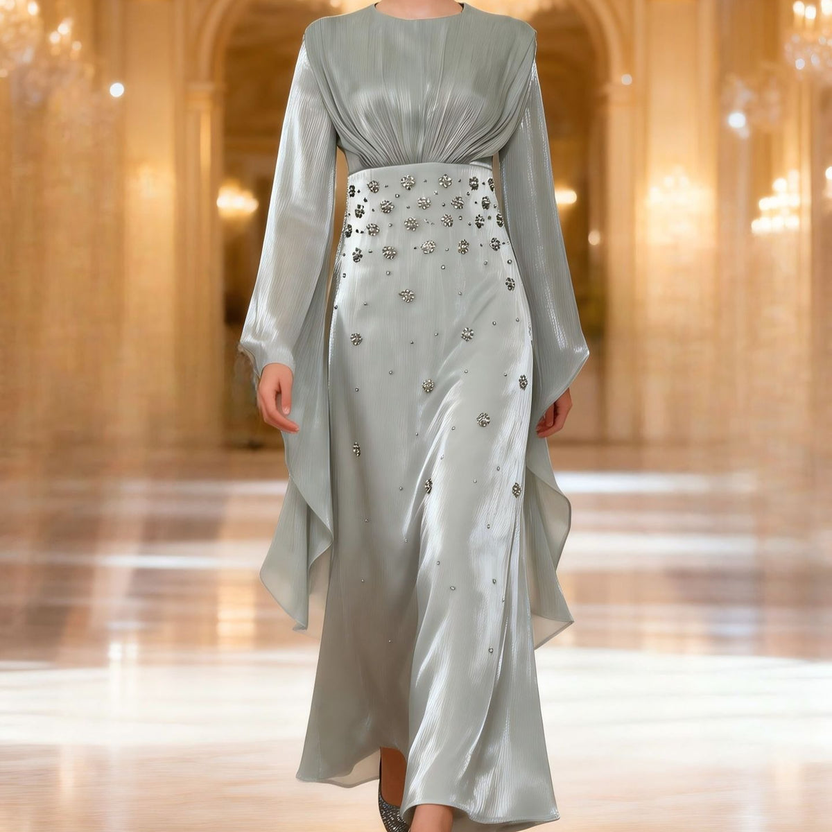 Crystal Embellished Shimmer Satin Maxi Dress(MS541)