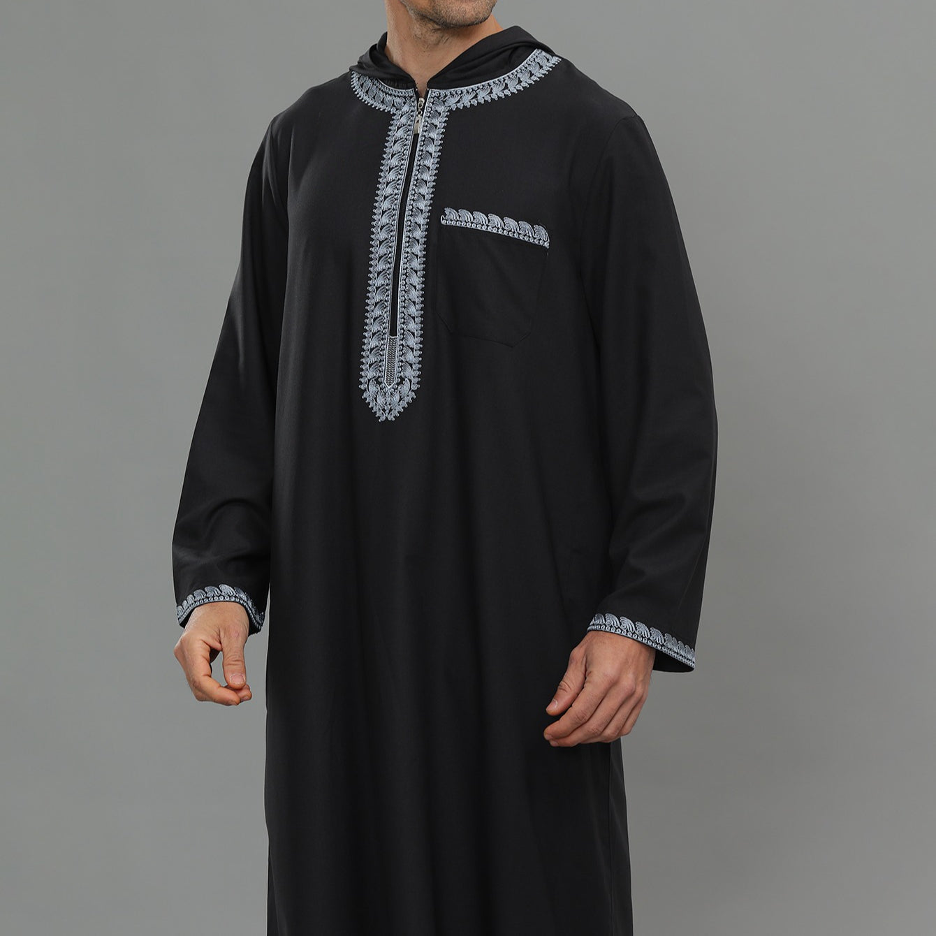 Men's Hooded Embroidered Thobe with Pockets(MT037)
