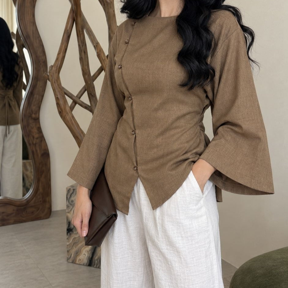 Asymmetric Button Long-Sleeve Top(MS557)