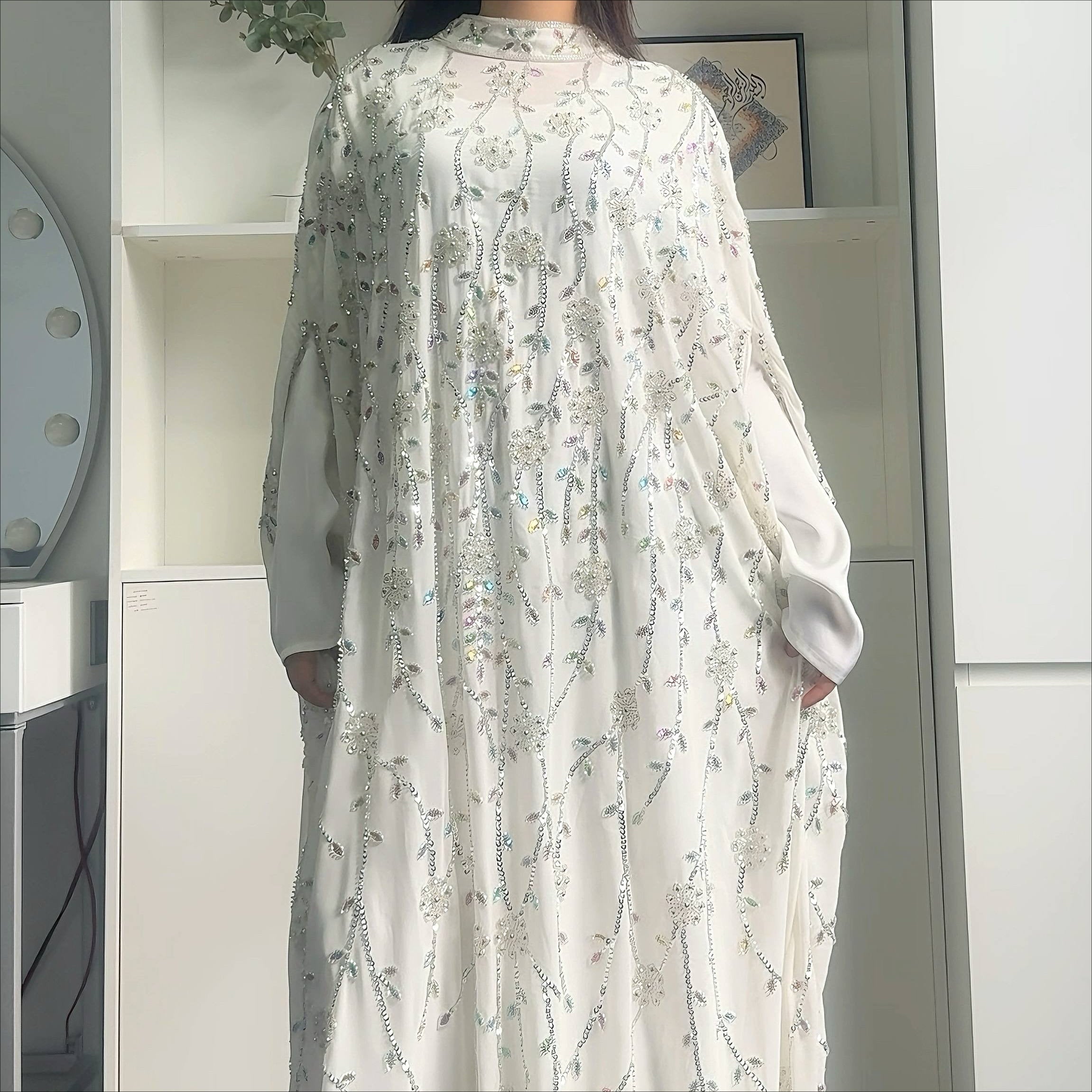 Luxury Crystal Embellished Cape Abaya Set with Modal Long-Sleeve Inner Dress(MA390)