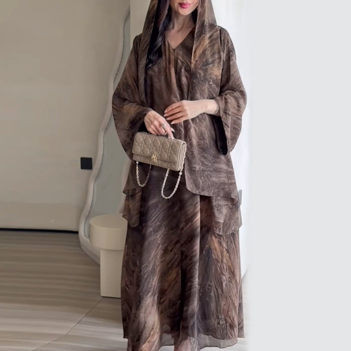 Printed Cardigan Abaya Collection | Modest Luxury Loungewear Feather-Print Robes (MOA194)