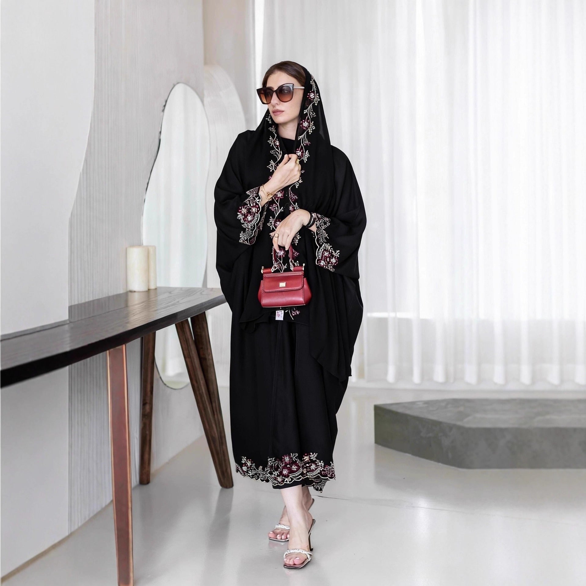 Black Abaya with Embroidered Floral Hijab Set(MOA279)