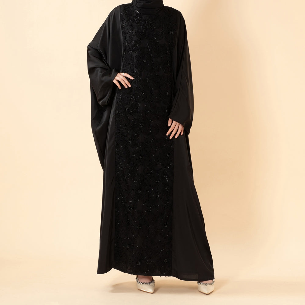 Luxus-Abaya mit 3D-Bandstickerei und Fledermausärmeln mit verstellbarem Taillengürtel (MA431)