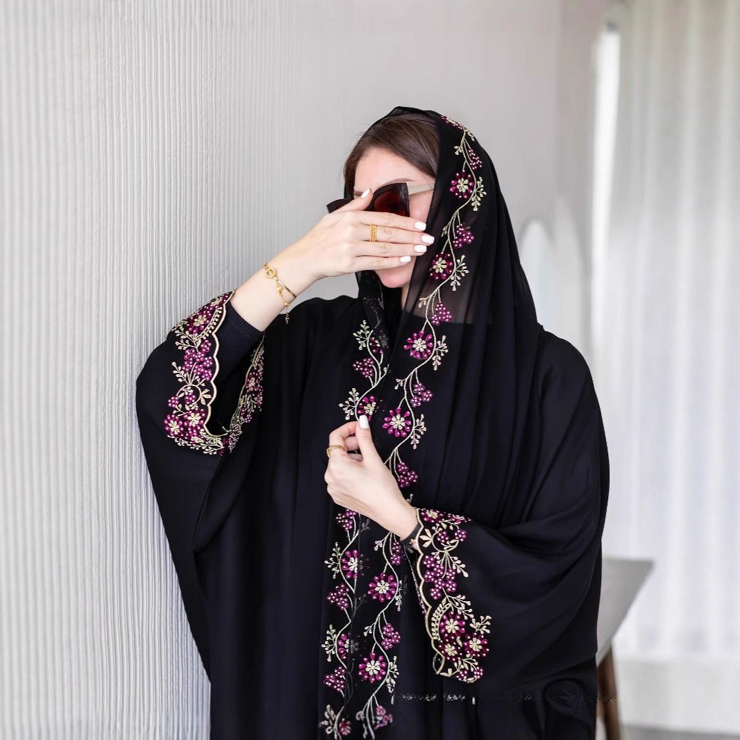 Black Abaya with Embroidered Floral Hijab Set(MOA279)