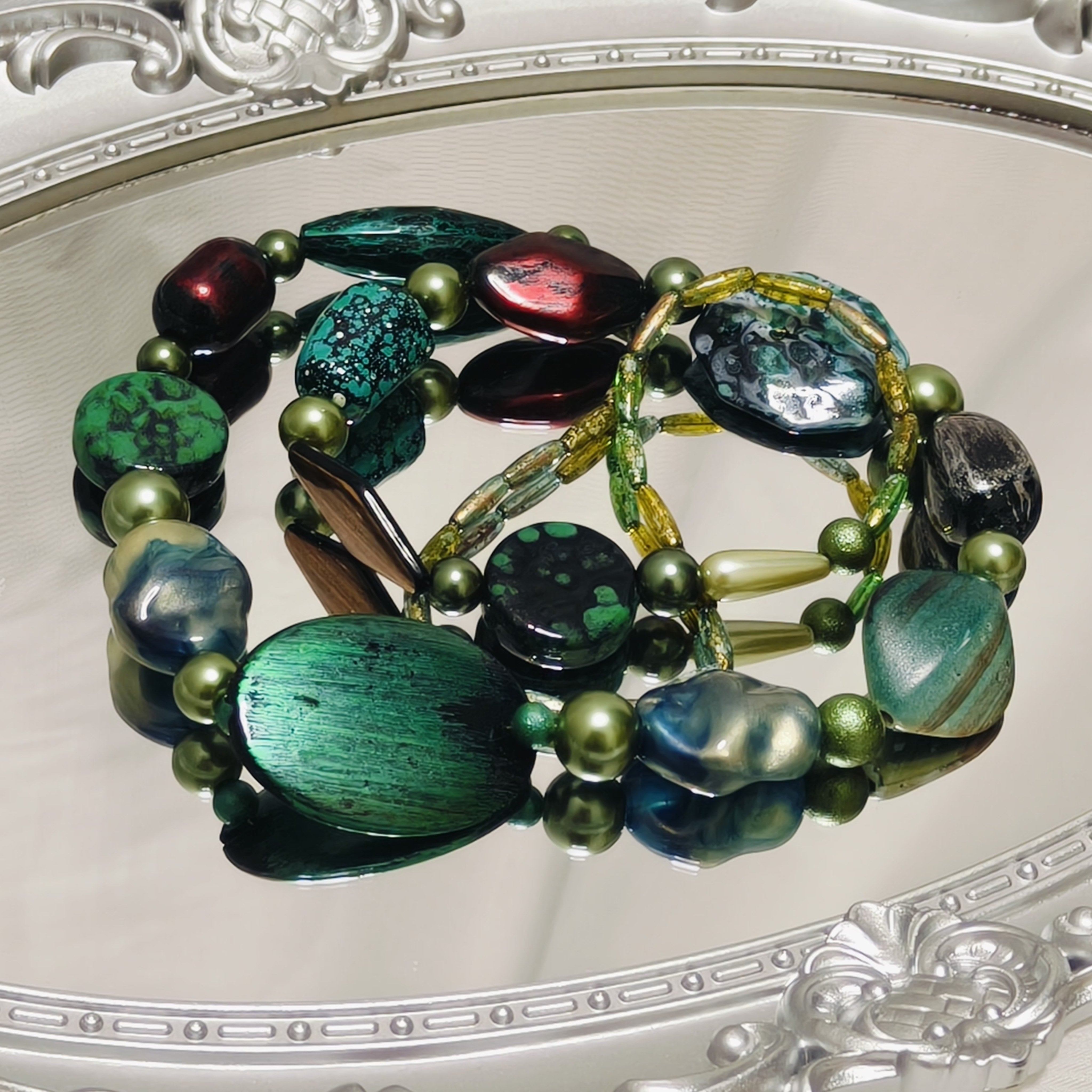 Handmade Resin & Shell Bead Necklace |  Artistic Beaded Statement Necklace |  Long Lightweight Boho Jewelry for Women (MAC346)