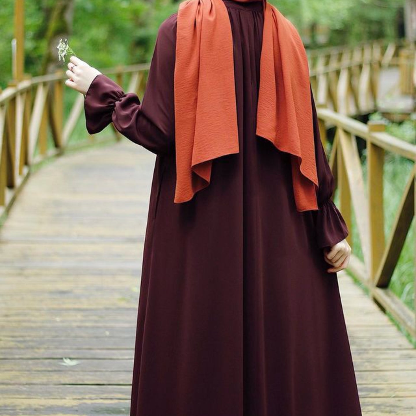 Bell Sleeve Chiffon Abaya | Round Neck Pocket Maxi Dress(MA363)