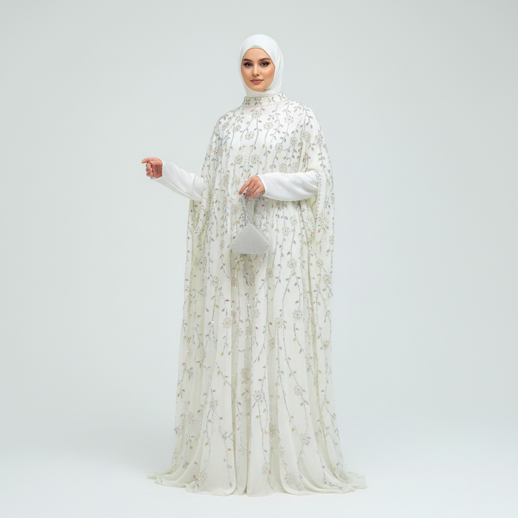 Luxury Crystal Embellished Cape Abaya Set with Modal Long-Sleeve Inner Dress(MA390)