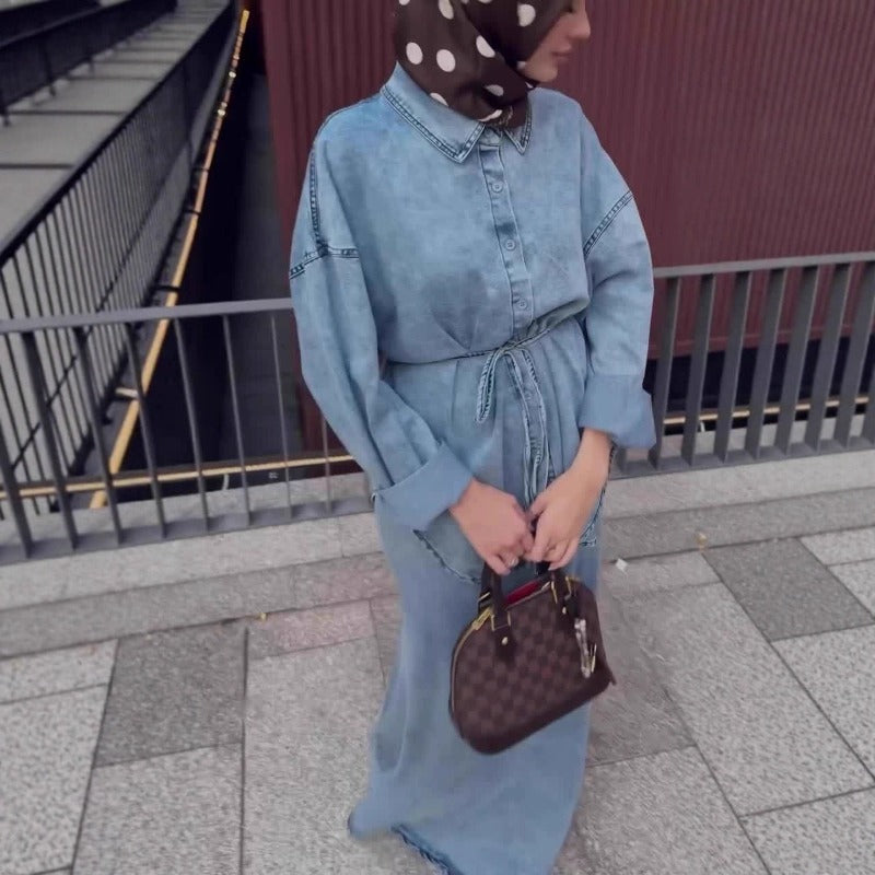Casual Loose Denim Shirt & Skirt Set | Professional Commuter Two-Piece Outfit(MS132)