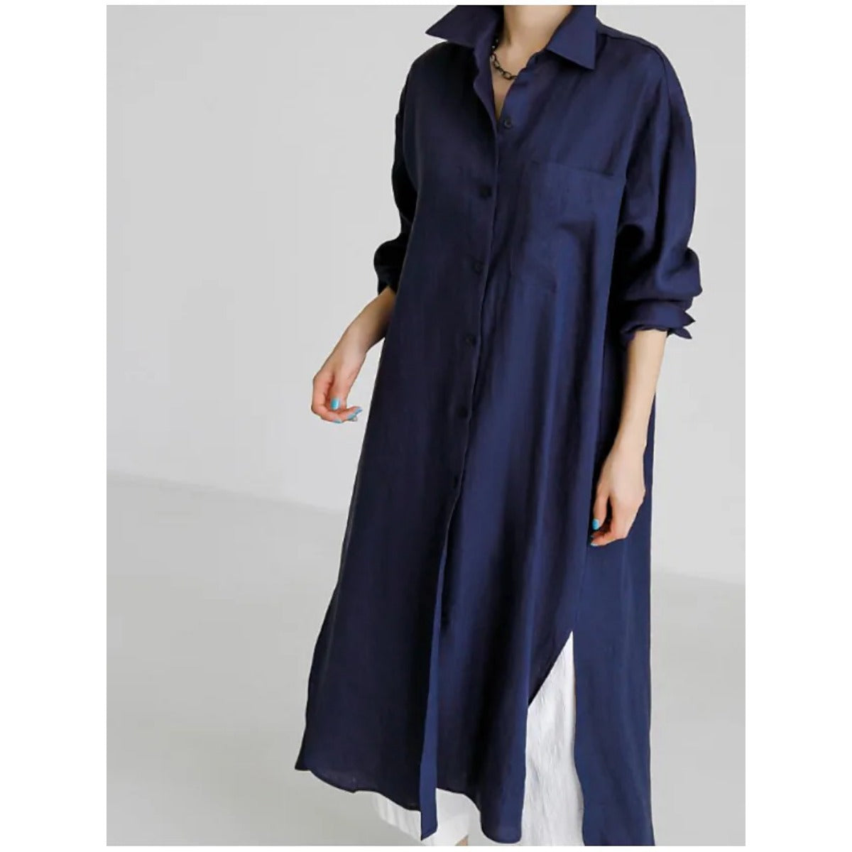 Muslim Casual Elegance Linen-Blend Shirt Dress | Modest Maxi with Button Front & Side Slits. (MS096)