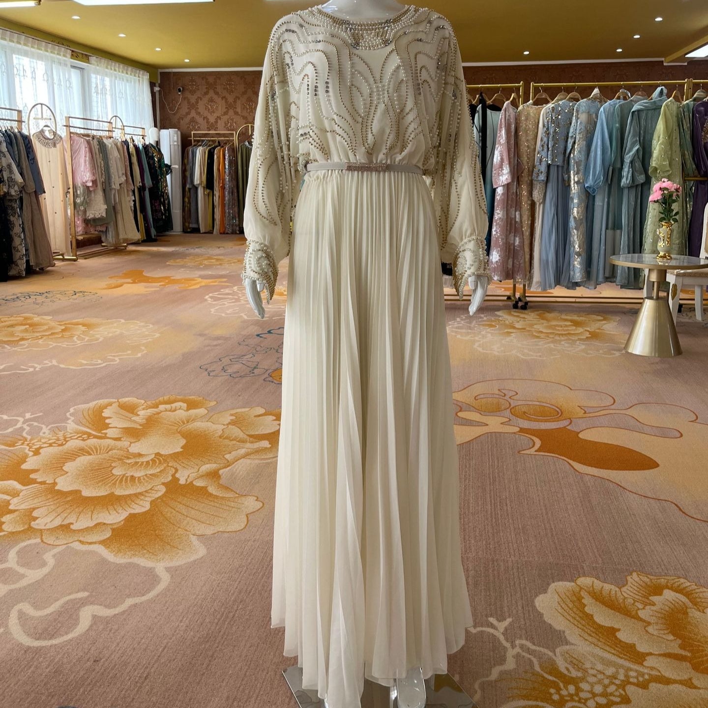 Handbeaded Pearl & Crystal Batwing Maxi Dress(MS529)