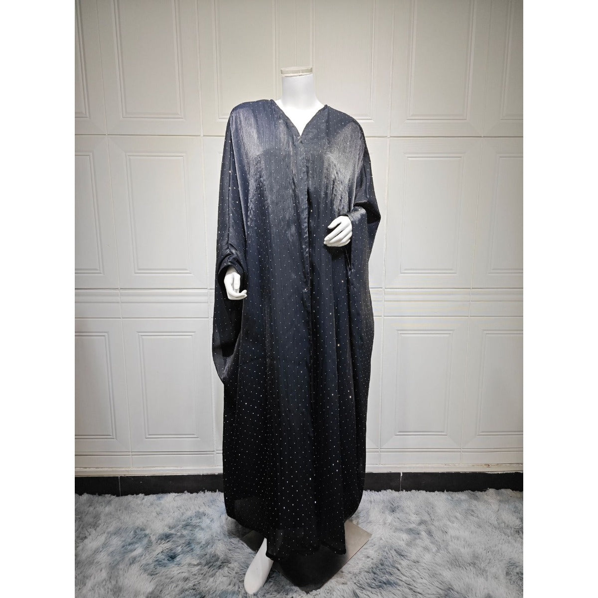 Luxury Muslim Starlight Evening Wear Abaya Set | Midnight Blue Diamond-Embellished Robe Jacket with Matching Hijab(MOA201)