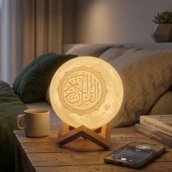 3D Printed Quran Moon Lamp Bluetooth Speaker - 16-Color RGB Touch & Remote Night Light with Wooden Stand（MAC481）