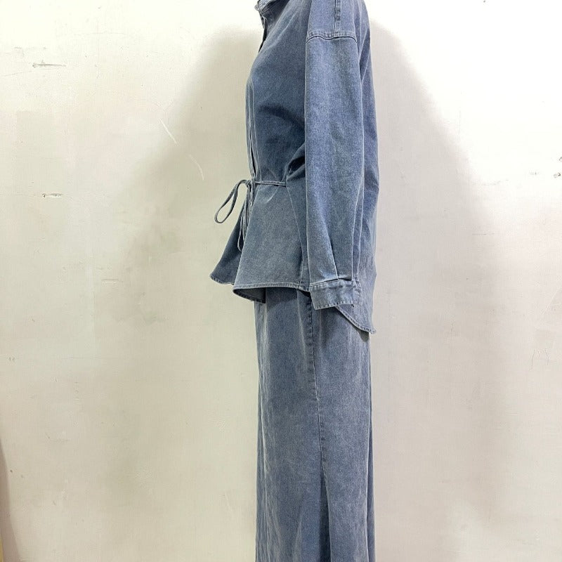 Casual Loose Denim Shirt & Skirt Set | Professional Commuter Two-Piece Outfit(MS132)