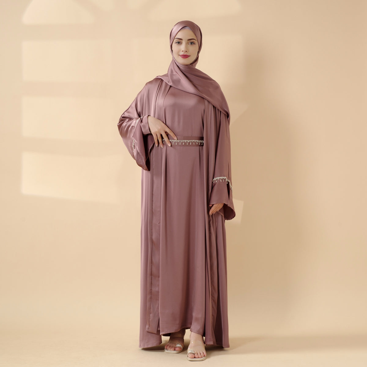 Luxury Satin Abaya With Diamond Tassels Belt,  6-Piece Set (MOA041)