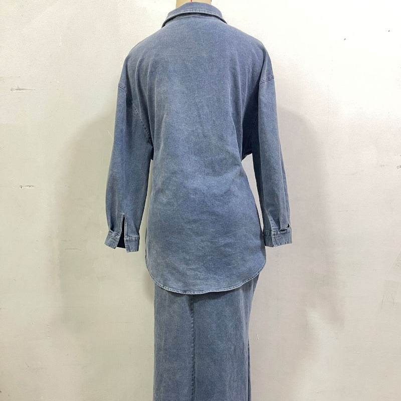 Casual Loose Denim Shirt & Skirt Set | Professional Commuter Two-Piece Outfit(MS132)