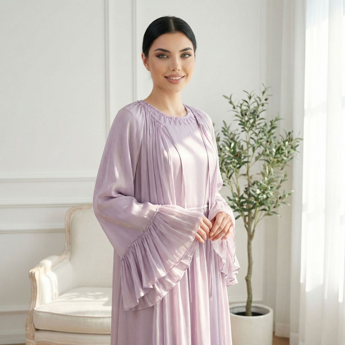 2 - Piece Crystal Beaded Ruffle Sleeve Abaya Set(MS405) - Mariam's Collection