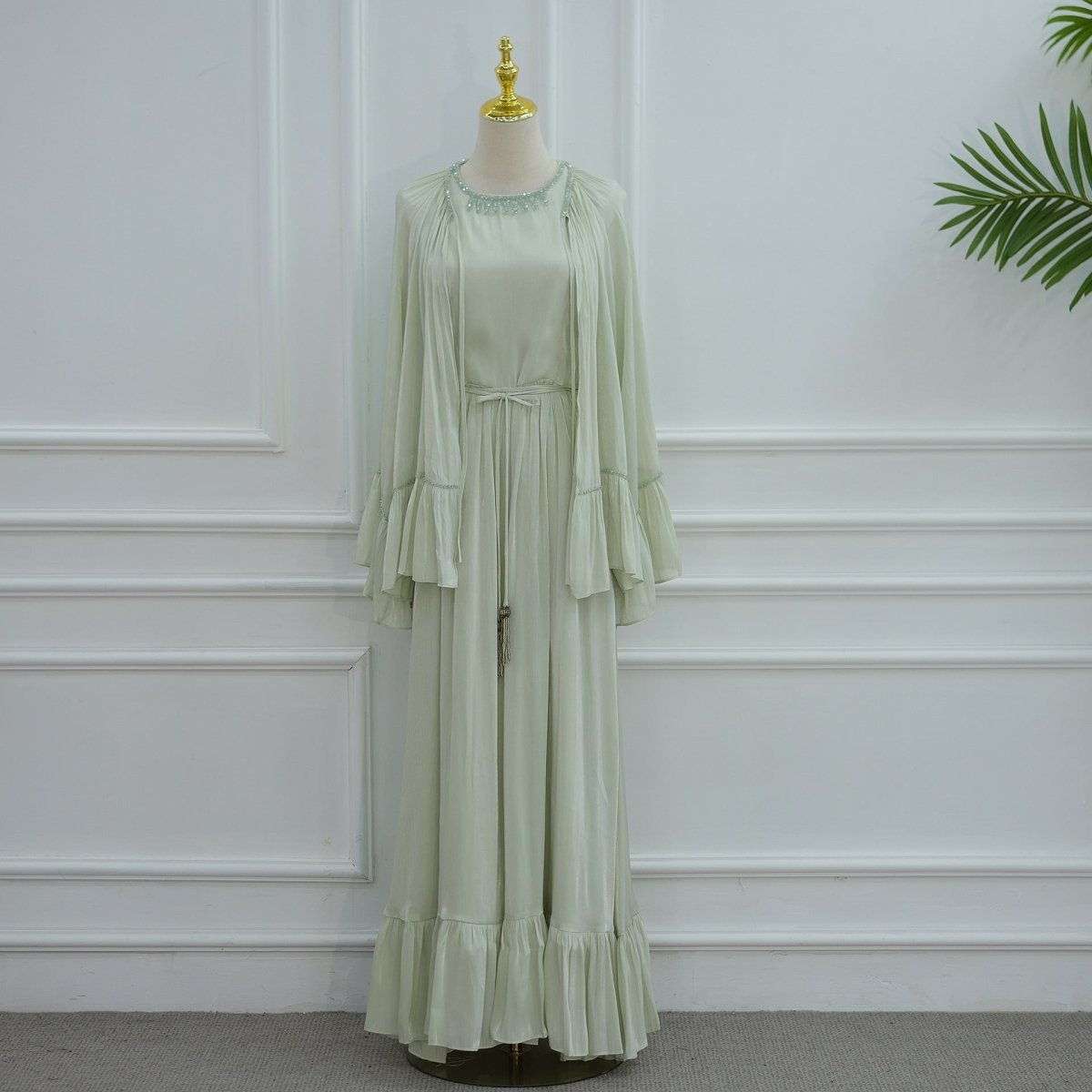 2 - Piece Crystal Beaded Ruffle Sleeve Abaya Set(MS405) - Mariam's Collection
