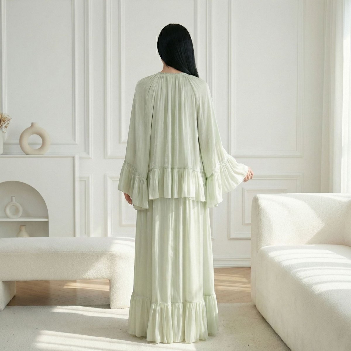 2 - Piece Crystal Beaded Ruffle Sleeve Abaya Set(MS405) - Mariam's Collection
