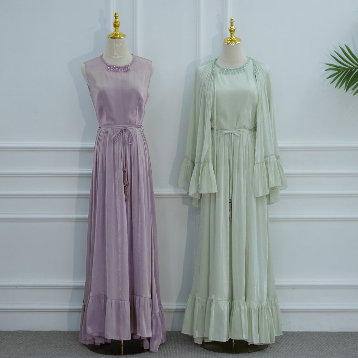 2 - Piece Crystal Beaded Ruffle Sleeve Abaya Set(MS405) - Mariam's Collection