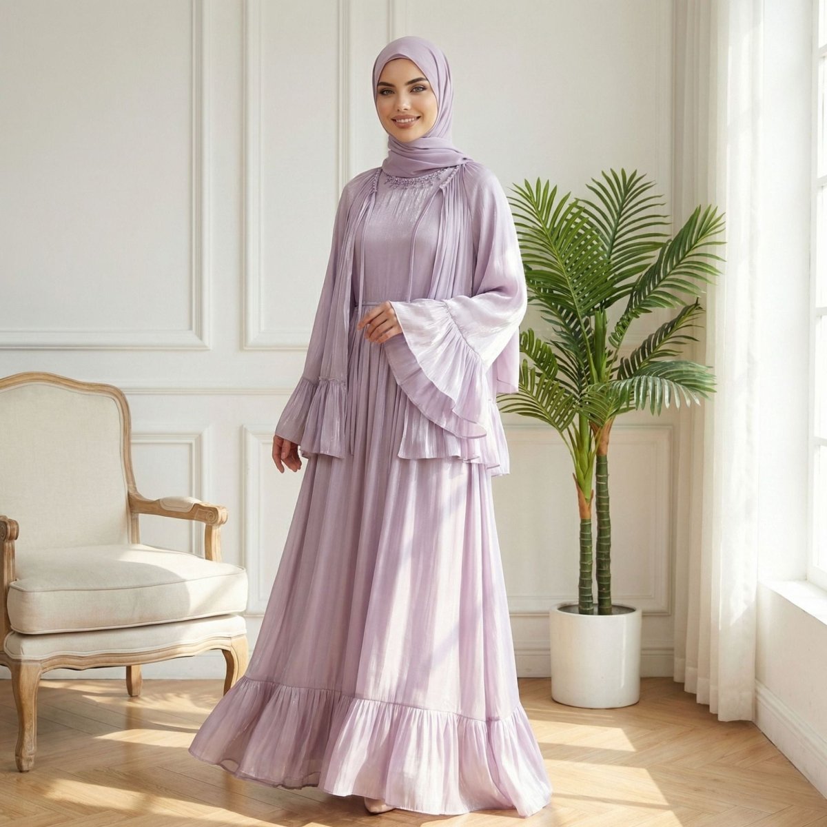 2 - Piece Crystal Beaded Ruffle Sleeve Abaya Set(MS405) - Mariam's Collection