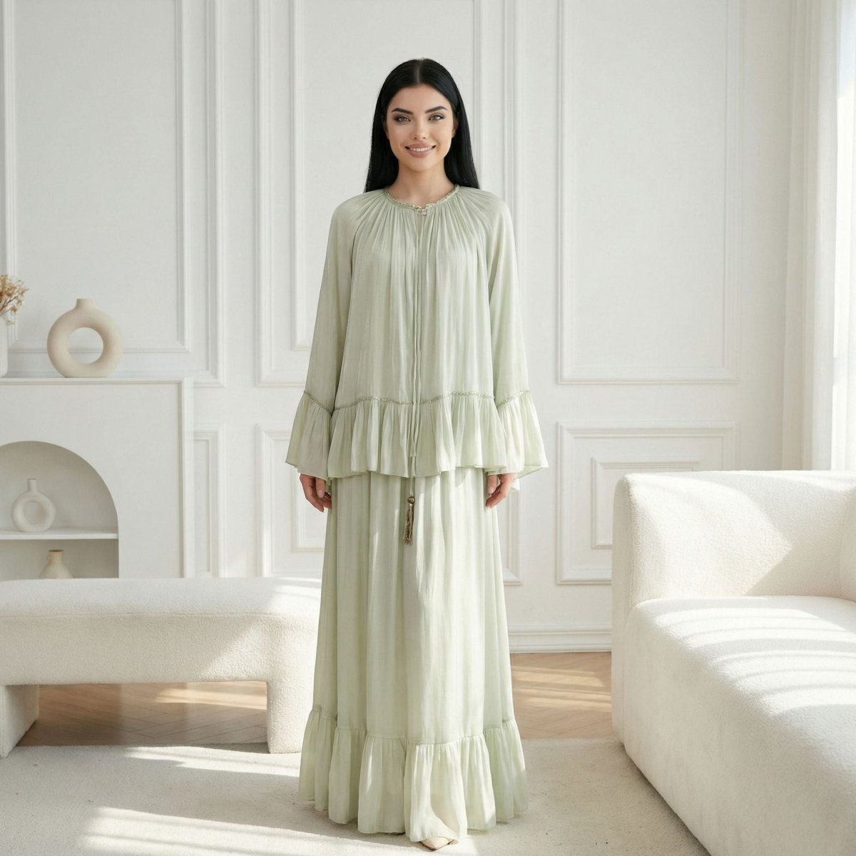 2 - Piece Crystal Beaded Ruffle Sleeve Abaya Set(MS405) - Mariam's Collection