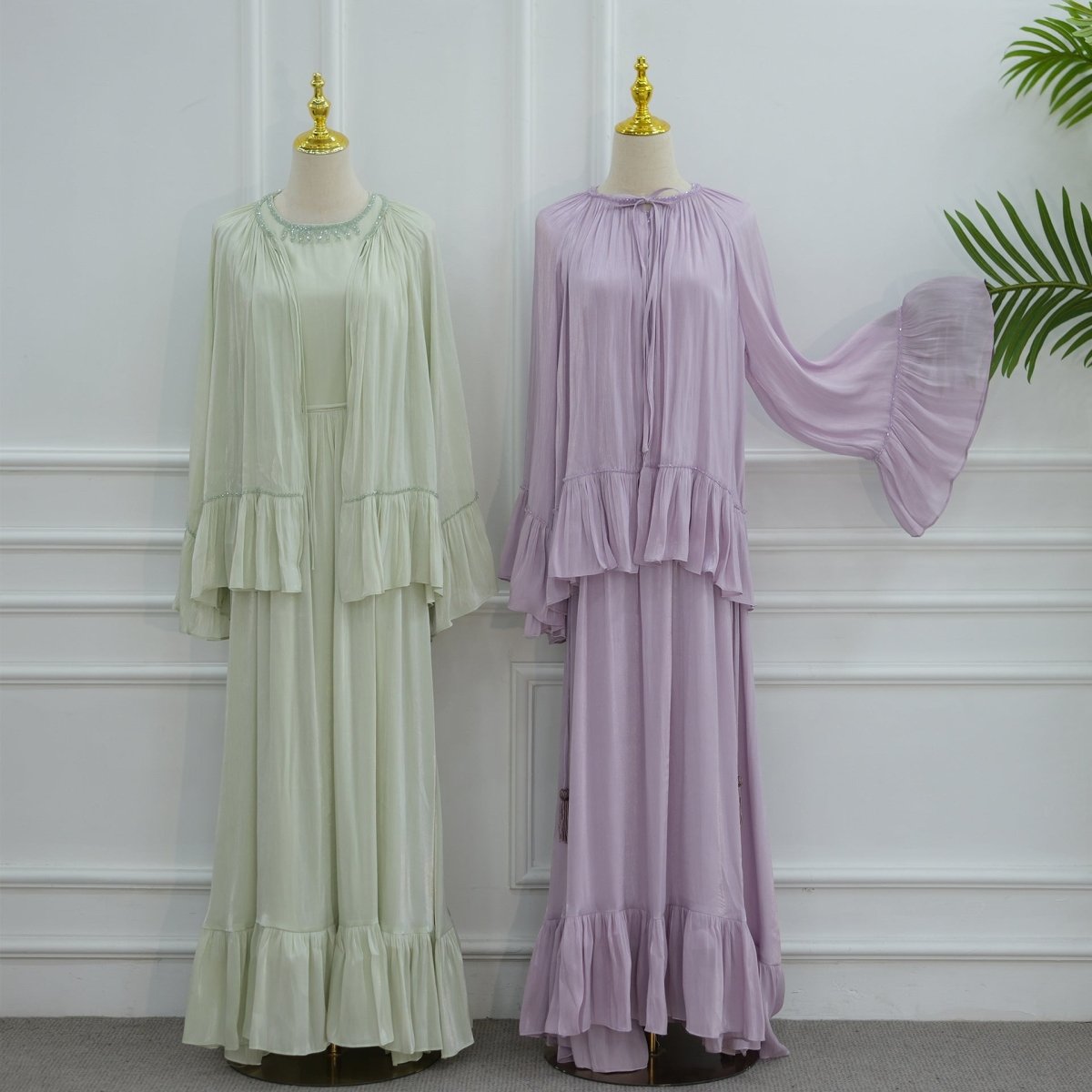 2 - Piece Crystal Beaded Ruffle Sleeve Abaya Set(MS405) - Mariam's Collection