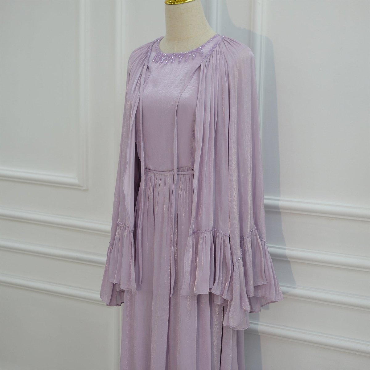 2 - Piece Crystal Beaded Ruffle Sleeve Abaya Set(MS405) - Mariam's Collection