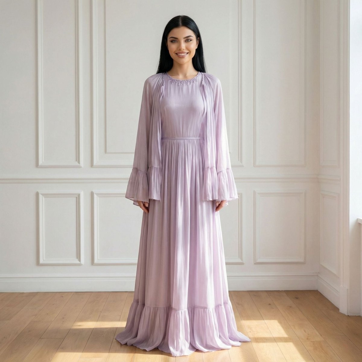 2 - Piece Crystal Beaded Ruffle Sleeve Abaya Set(MS405) - Mariam's Collection