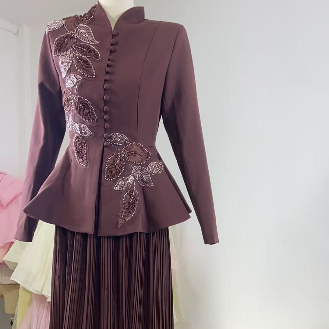 2 - Piece Embroidered Peplum Jacket & Micro Pleat Maxi Skirt Set(MS417) - Mariam's Collection
