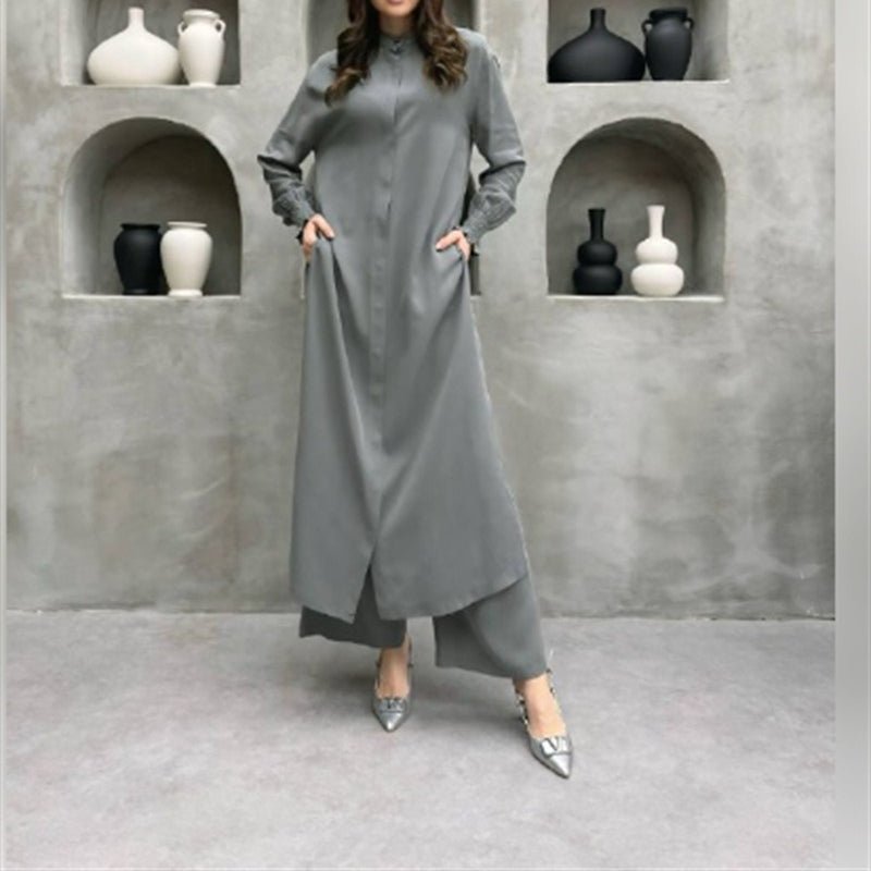 Detail shot of hidden side pocket on the minimal longline shirt abaya co-ord