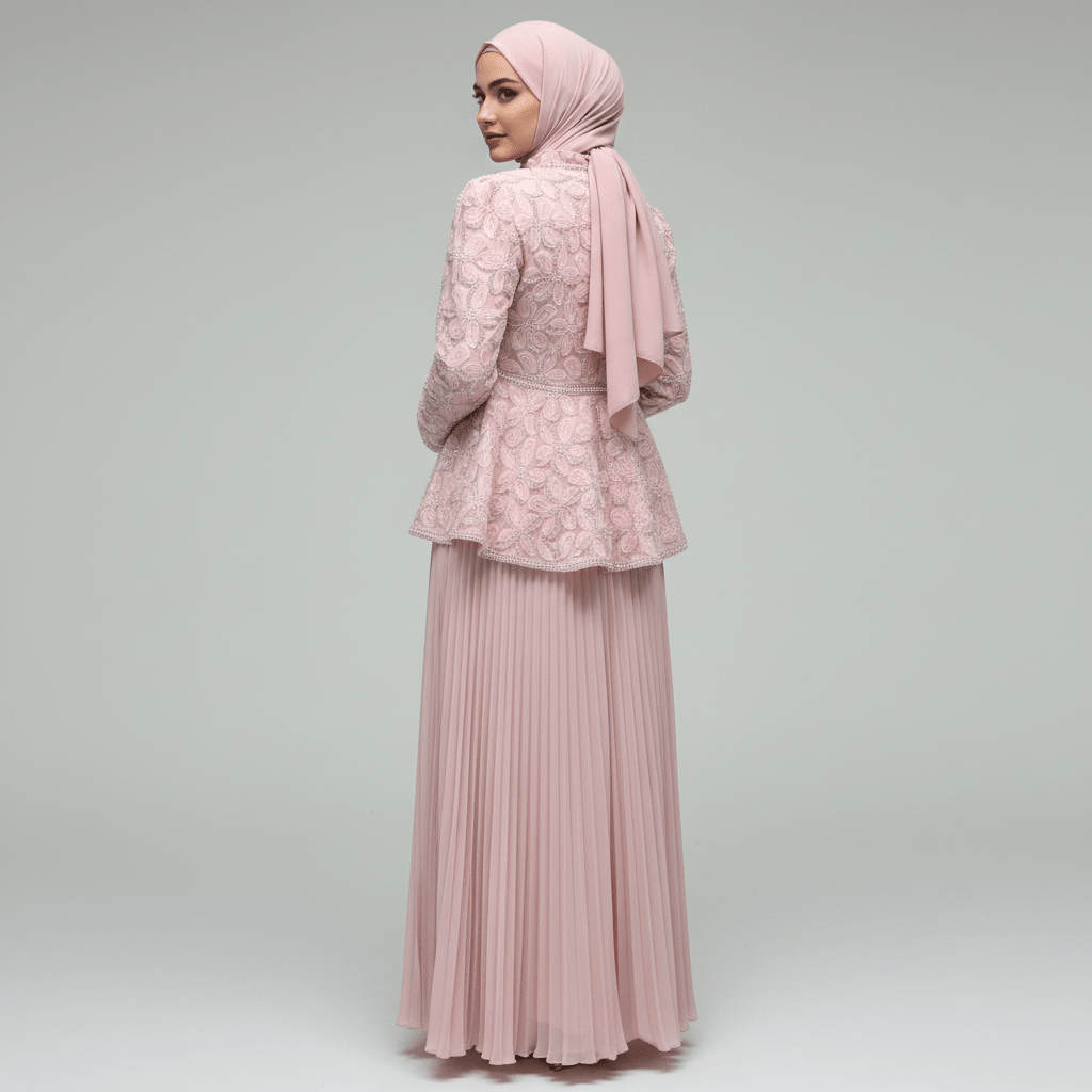 2 - Piece Pearl Beaded 3D Rose Embroidered Jacket & Chiffon Pleated Maxi Dress Set(MS401) - Mariam's Collection