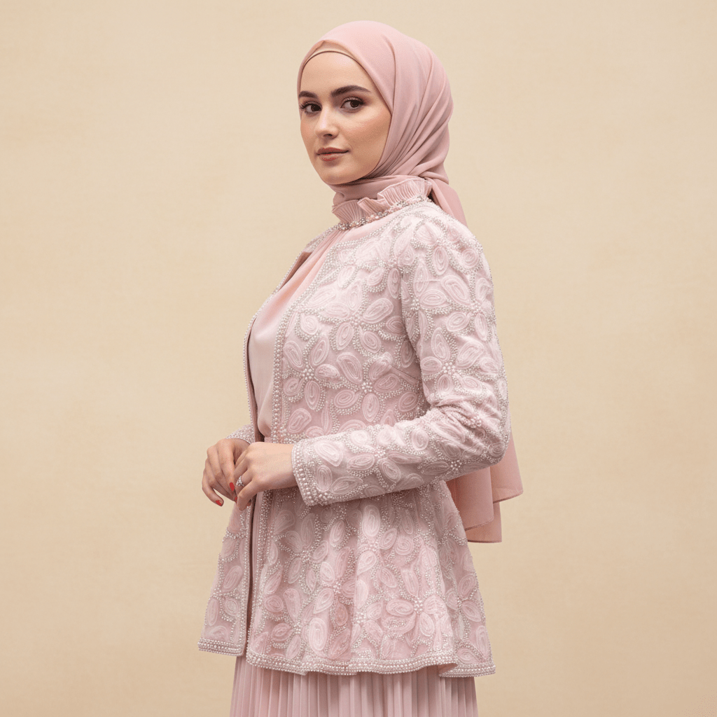 2 - Piece Pearl Beaded 3D Rose Embroidered Jacket & Chiffon Pleated Maxi Dress Set(MS401) - Mariam's Collection