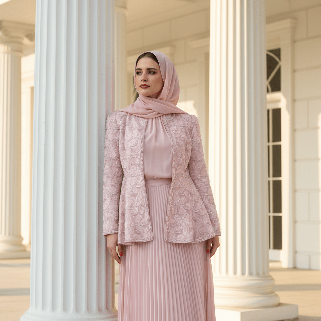 2 - Piece Pearl Beaded 3D Rose Embroidered Jacket & Chiffon Pleated Maxi Dress Set(MS401) - Mariam's Collection