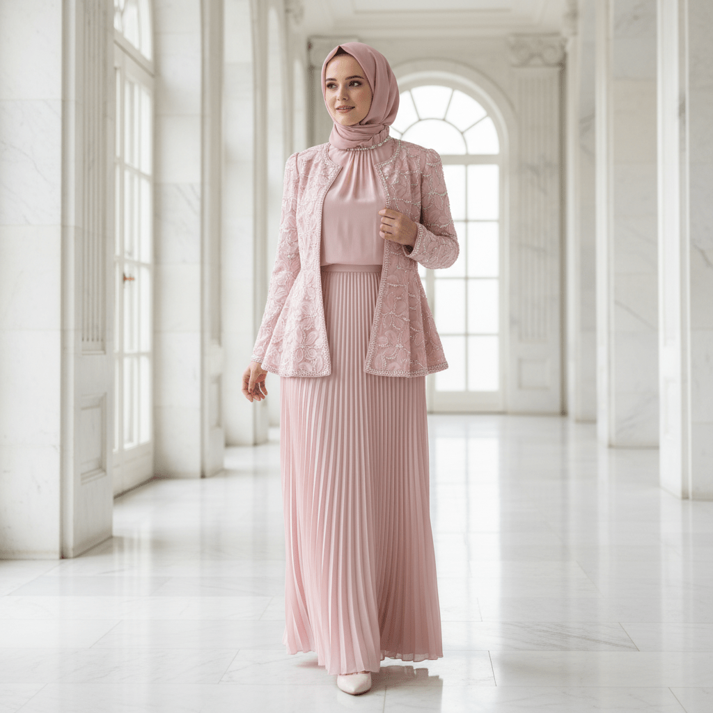 2 - Piece Pearl Beaded 3D Rose Embroidered Jacket & Chiffon Pleated Maxi Dress Set(MS401) - Mariam's Collection