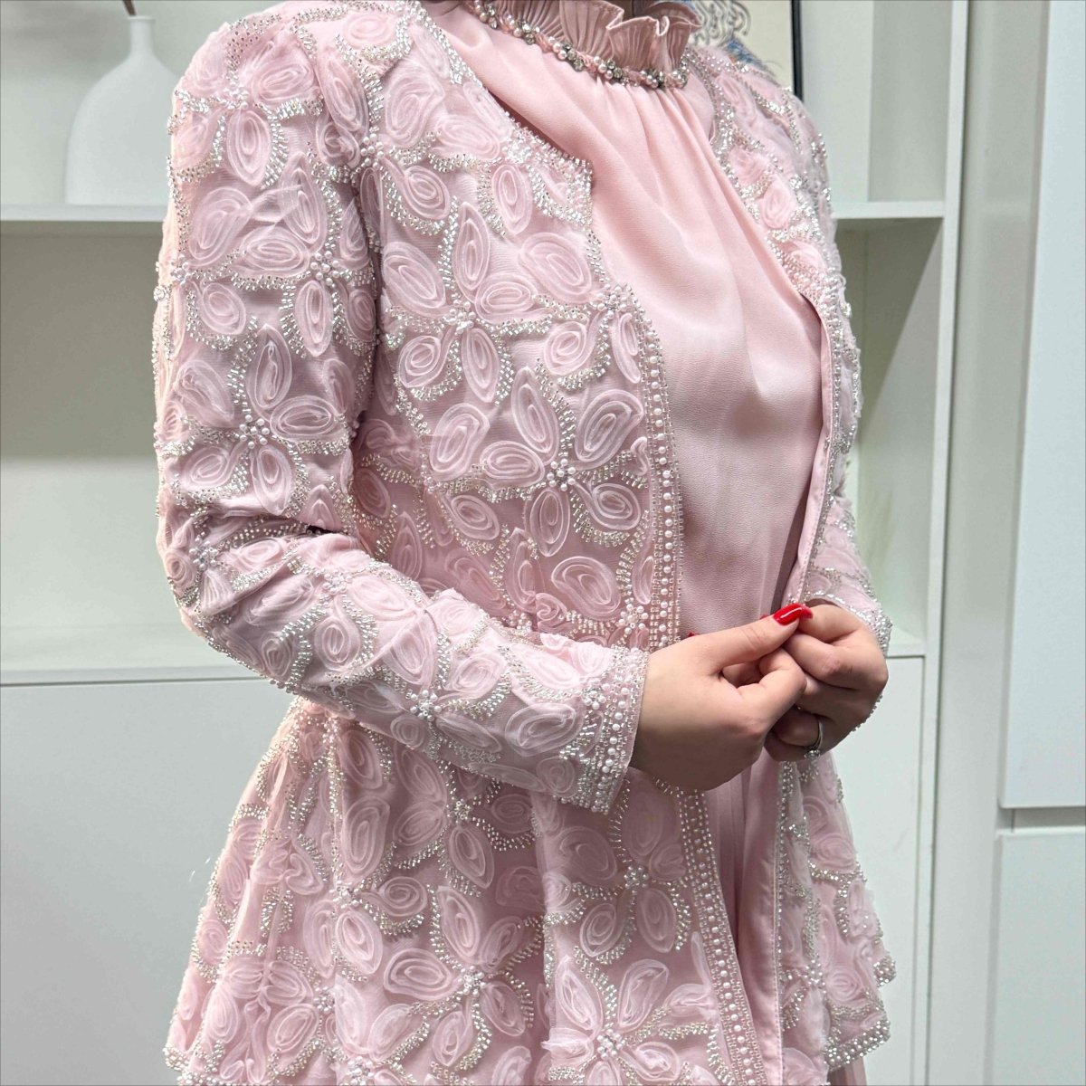 2 - Piece Pearl Beaded 3D Rose Embroidered Jacket & Chiffon Pleated Maxi Dress Set(MS401) - Mariam's Collection