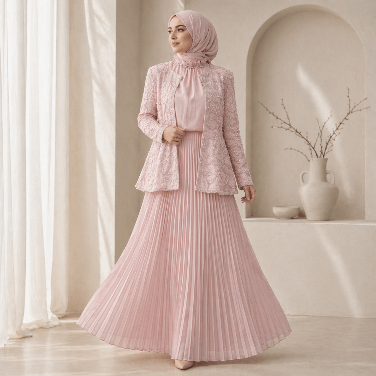 2 - Piece Pearl Beaded 3D Rose Embroidered Jacket & Chiffon Pleated Maxi Dress Set(MS401) - Mariam's Collection