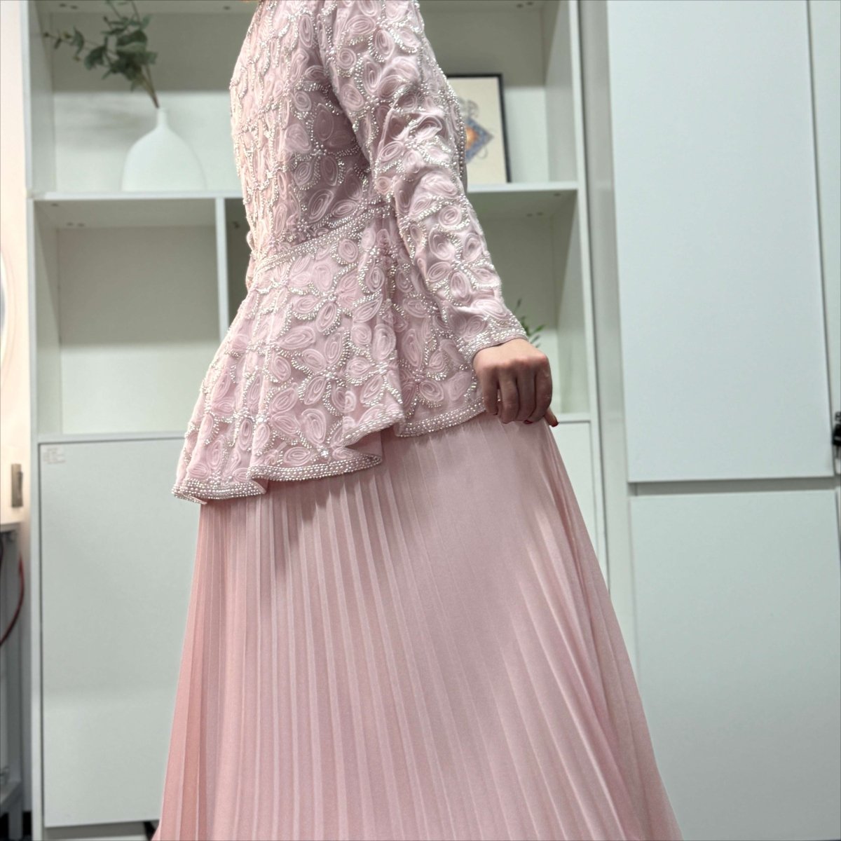 2 - Piece Pearl Beaded 3D Rose Embroidered Jacket & Chiffon Pleated Maxi Dress Set(MS401) - Mariam's Collection