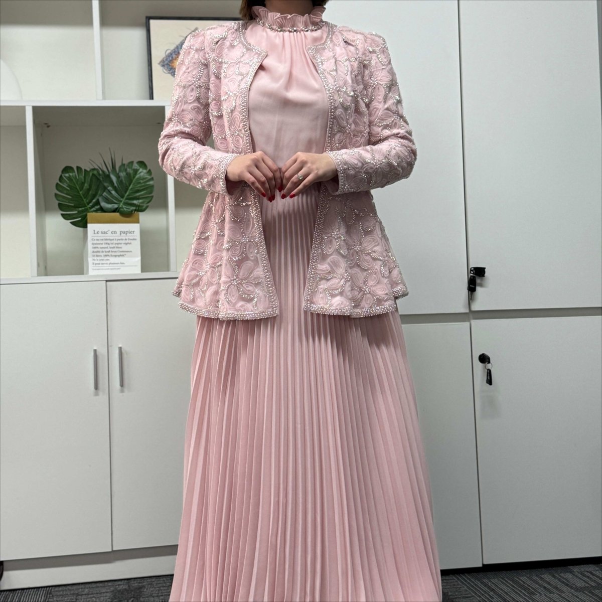 2 - Piece Pearl Beaded 3D Rose Embroidered Jacket & Chiffon Pleated Maxi Dress Set(MS401) - Mariam's Collection