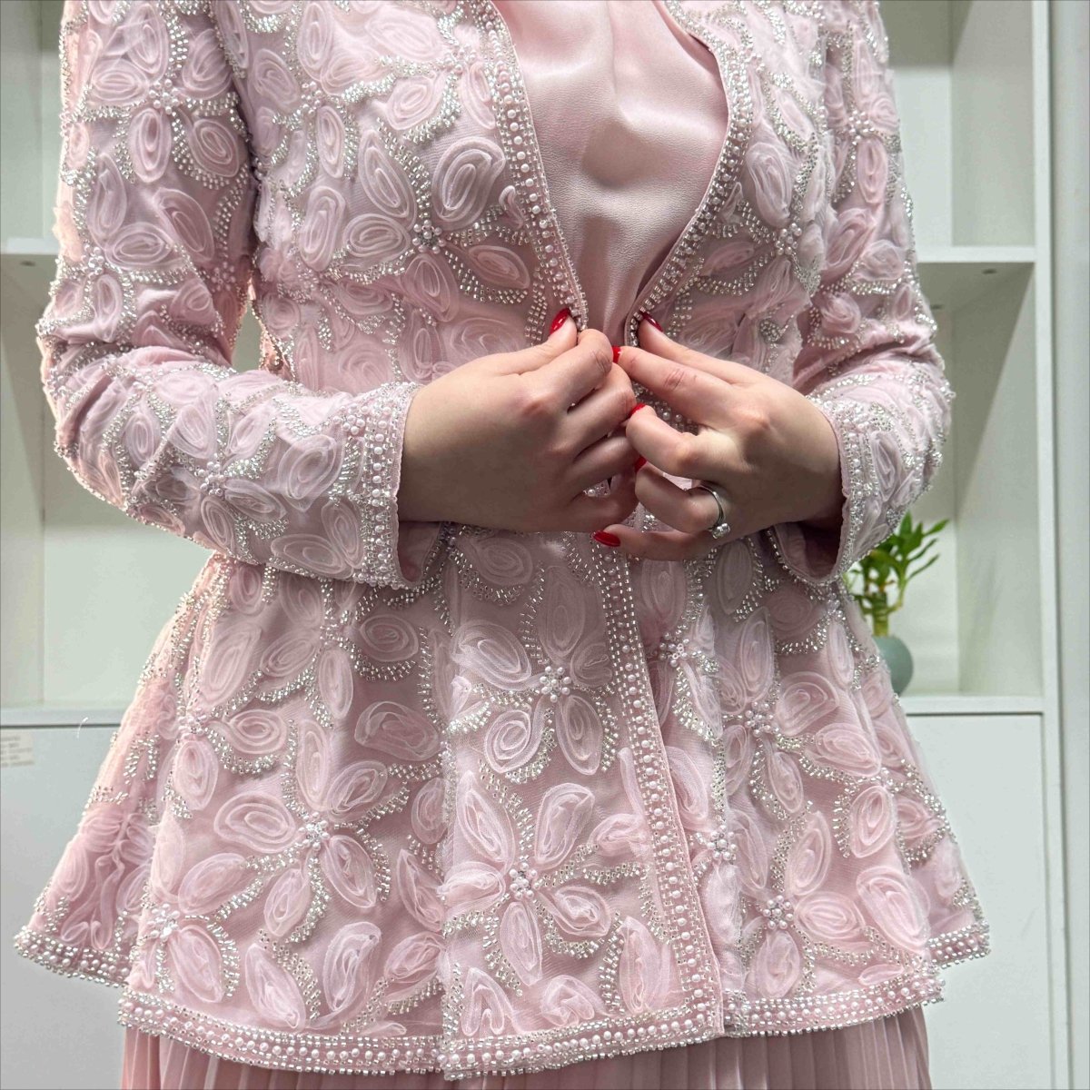 2 - Piece Pearl Beaded 3D Rose Embroidered Jacket & Chiffon Pleated Maxi Dress Set(MS401) - Mariam's Collection
