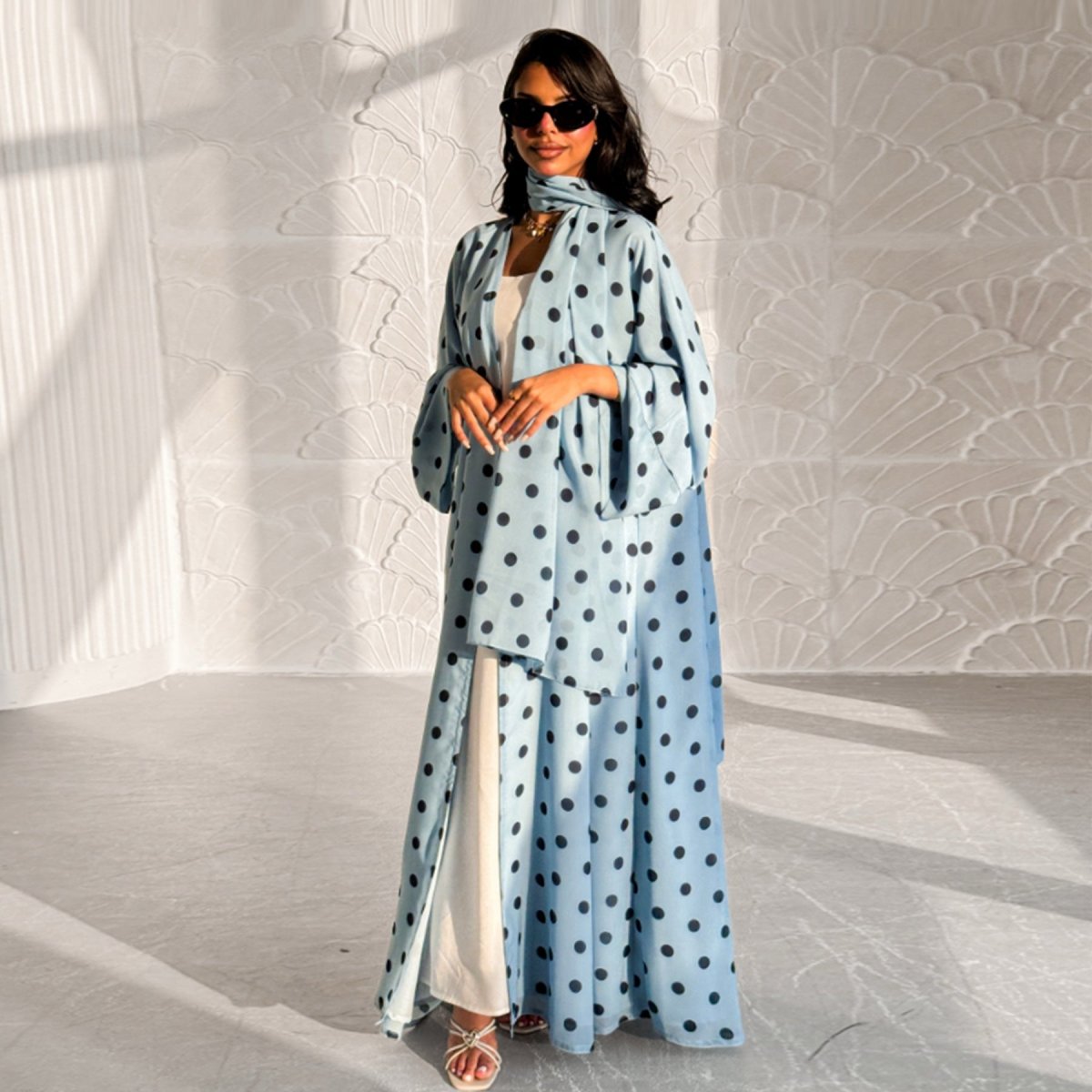 2 - Piece Polka Dot Print Open Abaya Set(MOA316) - Mariam's Collection