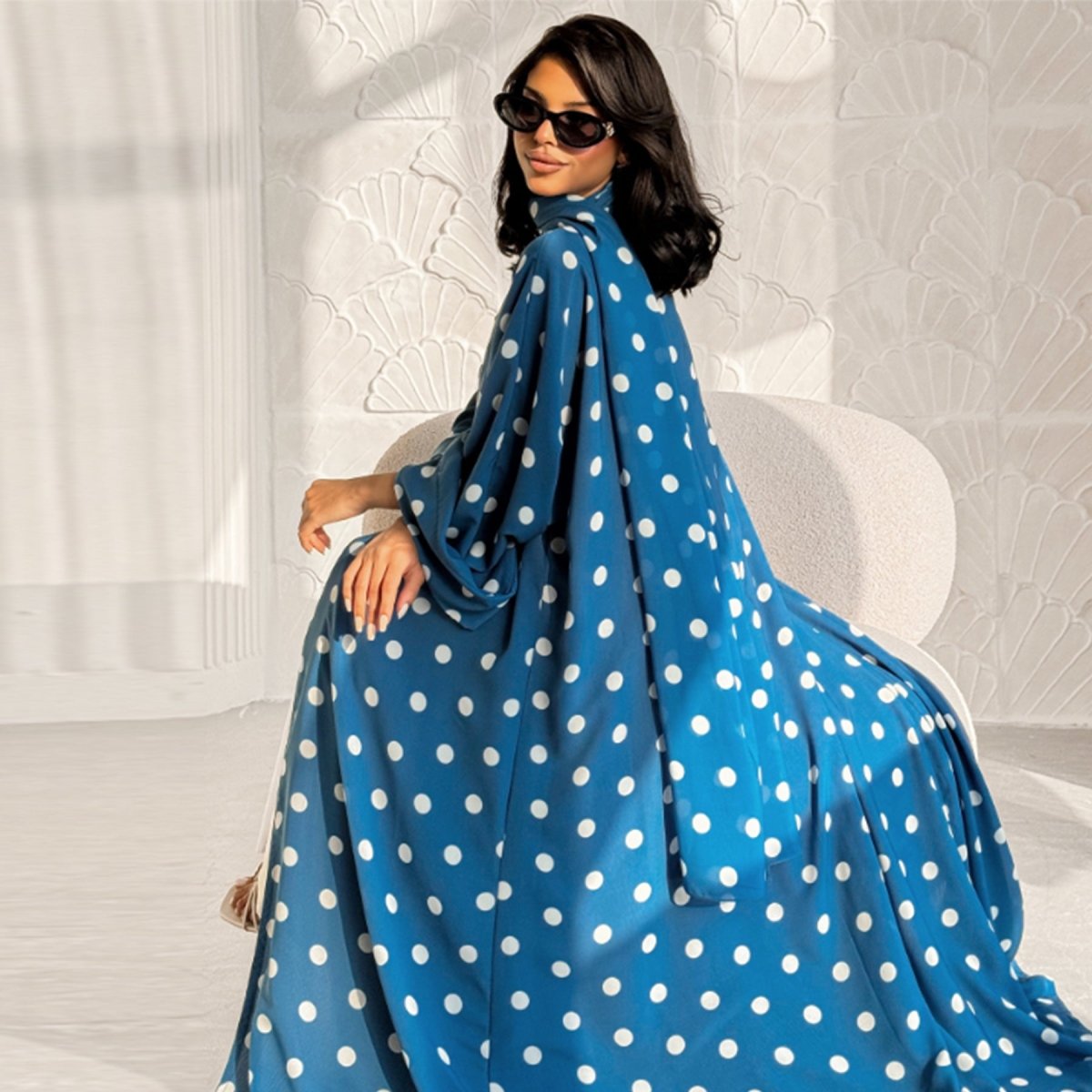 2 - Piece Polka Dot Print Open Abaya Set(MOA316) - Mariam's Collection