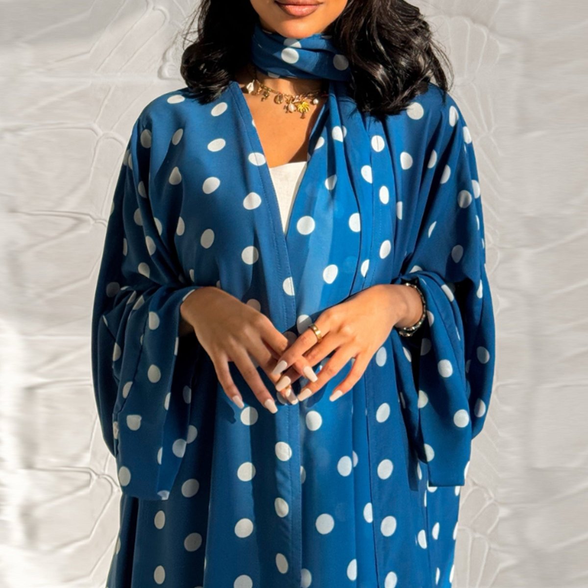 2 - Piece Polka Dot Print Open Abaya Set(MOA316) - Mariam's Collection