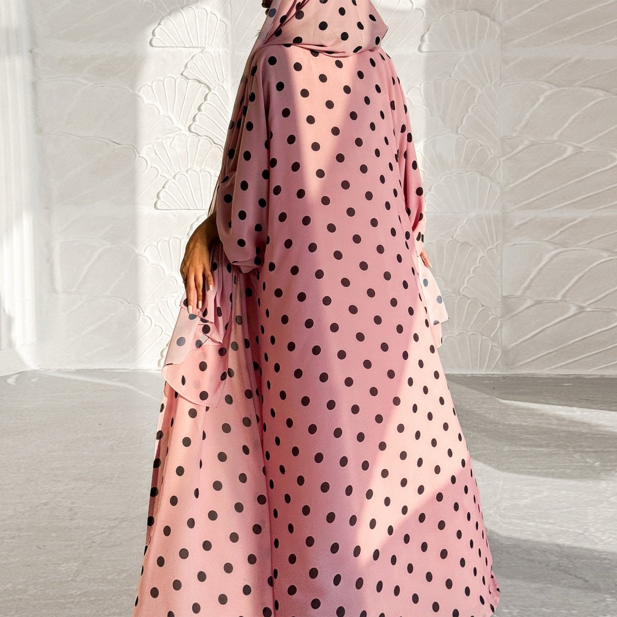 2 - Piece Polka Dot Print Open Abaya Set(MOA316) - Mariam's Collection