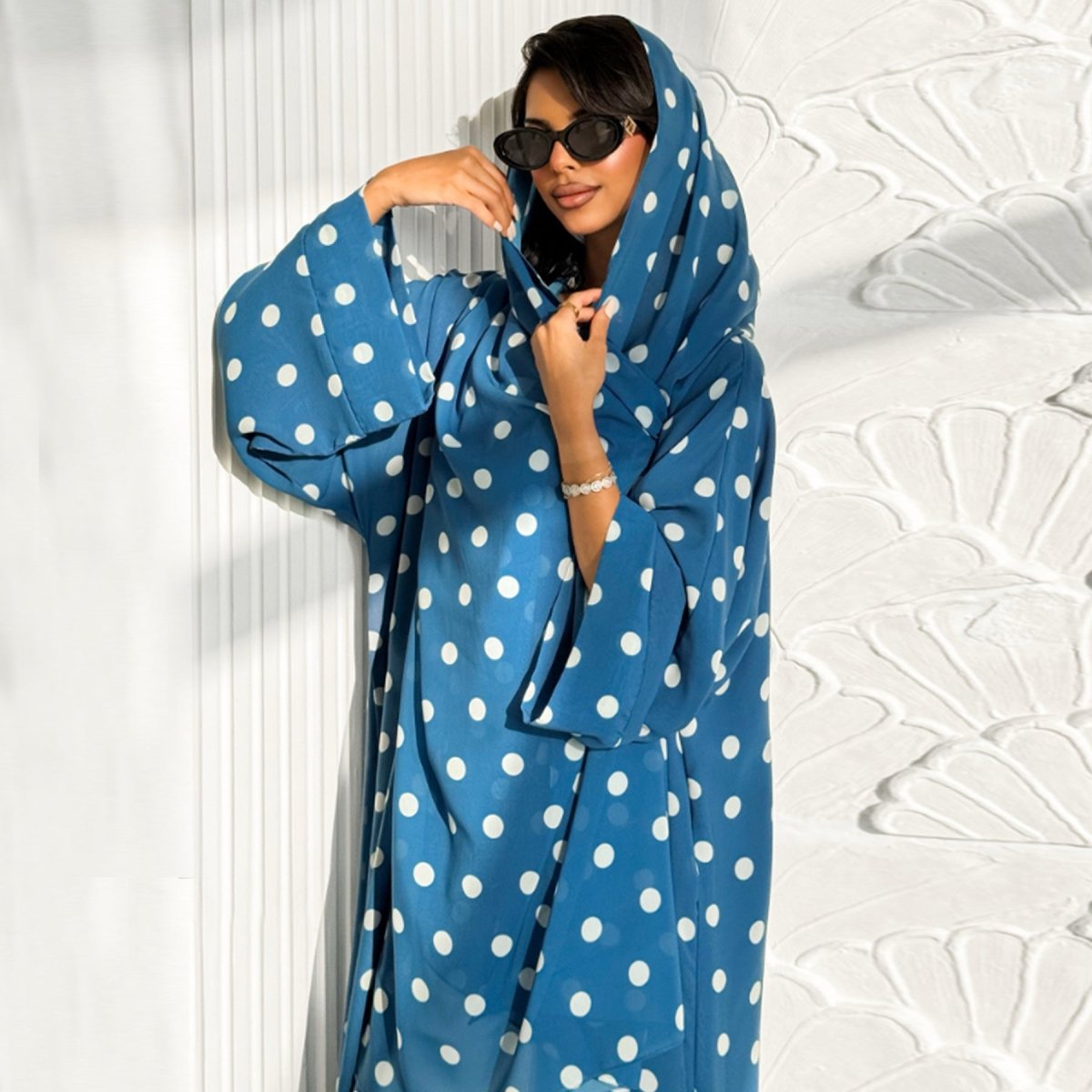 2 - Piece Polka Dot Print Open Abaya Set(MOA316) - Mariam's Collection
